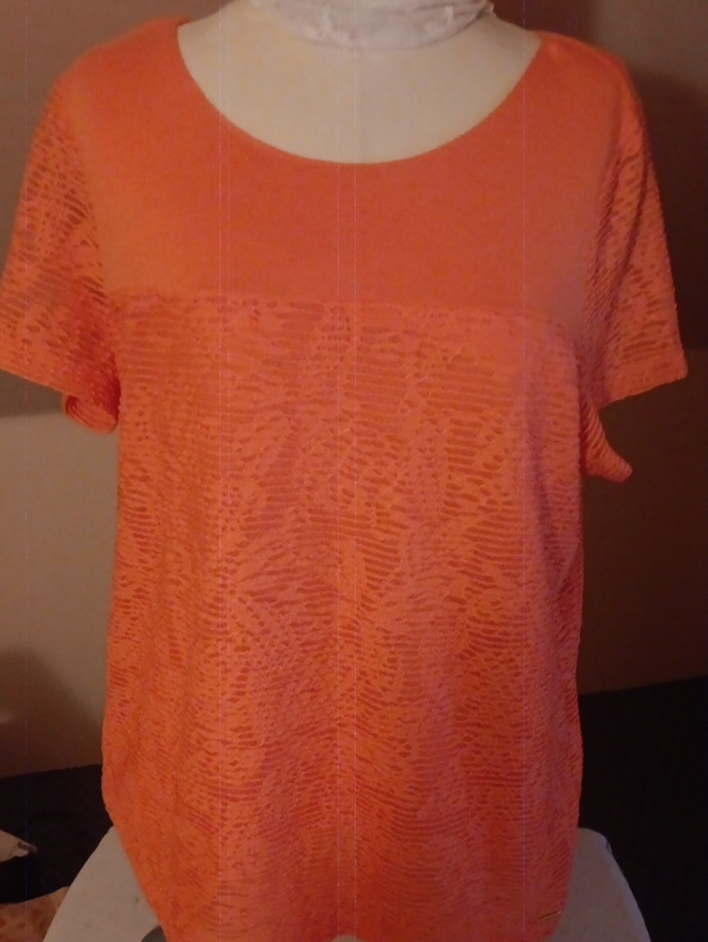 Calvin Klein Women's Orange Short Sleeve Lace Overlay Tee